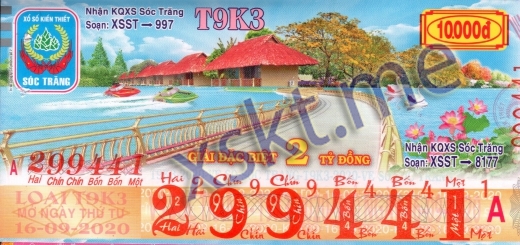 Mẫu vé sô xổ số Sóc Trăng ngày 16/9/2020
