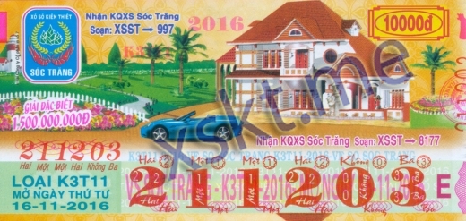 Mẫu vé sô xổ số Sóc Trăng ngày 16/11/2016