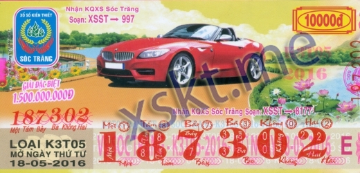 Mẫu vé sô xổ số Sóc Trăng ngày 18/5/2016