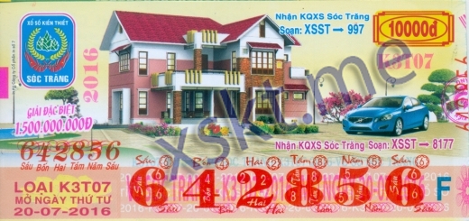 Mẫu vé sô xổ số Sóc Trăng ngày 20/7/2016