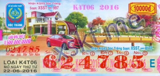 Mẫu vé sô xổ số Sóc Trăng ngày 22/6/2016