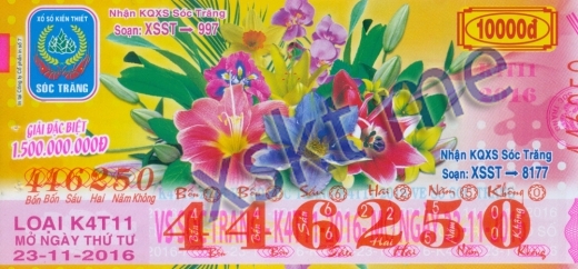 Mẫu vé sô xổ số Sóc Trăng ngày 23/11/2016