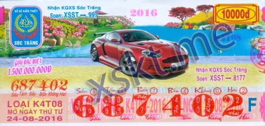 Mẫu vé sô xổ số Sóc Trăng ngày 24/8/2016
