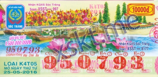 Mẫu vé sô xổ số Sóc Trăng ngày 25/5/2016