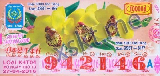 Mẫu vé sô xổ số Sóc Trăng ngày 27/4/2016