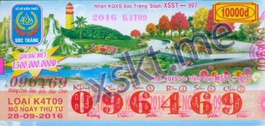 Mẫu vé sô xổ số Sóc Trăng ngày 28/9/2016