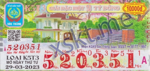 Mẫu vé sô xổ số Sóc Trăng ngày 29/3/2023