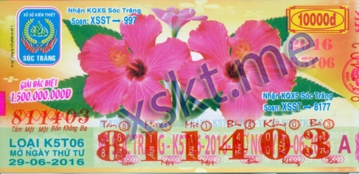Mẫu vé sô xổ số Sóc Trăng ngày 29/6/2016