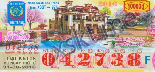 Mẫu vé sô xổ số Sóc Trăng ngày 31/8/2016