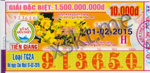 Mẫu vé sô xổ số Tiền Giang ngày 1/2/2015