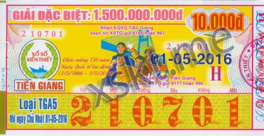 Mẫu vé sô xổ số Tiền Giang ngày 1/5/2016
