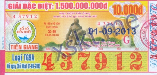 Mẫu vé sô xổ số Tiền Giang ngày 1/9/2013