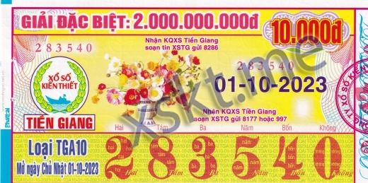 Mẫu vé sô xổ số Tiền Giang ngày 1/10/2023