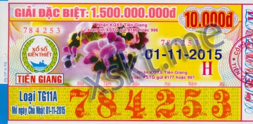 Mẫu vé sô xổ số Tiền Giang ngày 1/11/2015