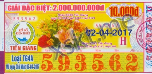 Mẫu vé sô xổ số Tiền Giang ngày 2/4/2017