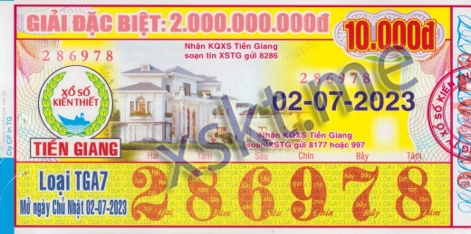 Mẫu vé sô xổ số Tiền Giang ngày 2/7/2023