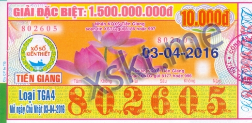 Mẫu vé sô xổ số Tiền Giang ngày 3/4/2016