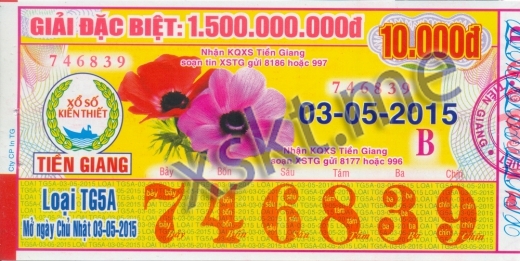Mẫu vé sô xổ số Tiền Giang ngày 3/5/2015