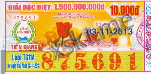 Mẫu vé sô xổ số Tiền Giang ngày 3/11/2013