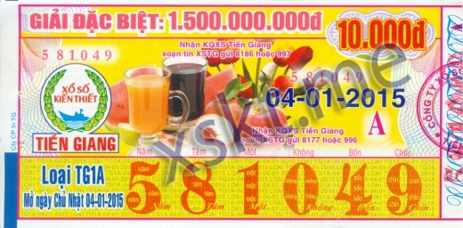 Mẫu vé sô xổ số Tiền Giang ngày 4/1/2015