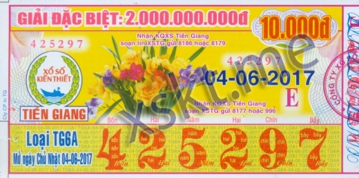 Mẫu vé sô xổ số Tiền Giang ngày 4/6/2017
