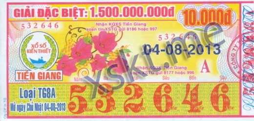 Mẫu vé sô xổ số Tiền Giang ngày 4/8/2013