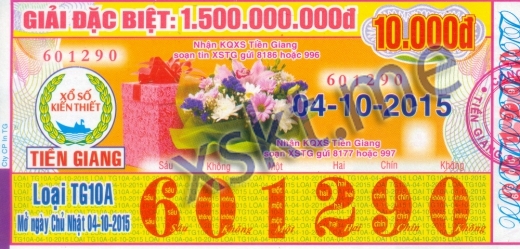 Mẫu vé sô xổ số Tiền Giang ngày 4/10/2015