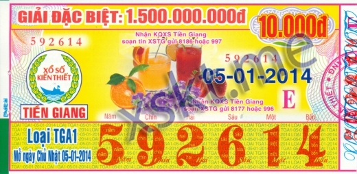 Mẫu vé sô xổ số Tiền Giang ngày 5/1/2014