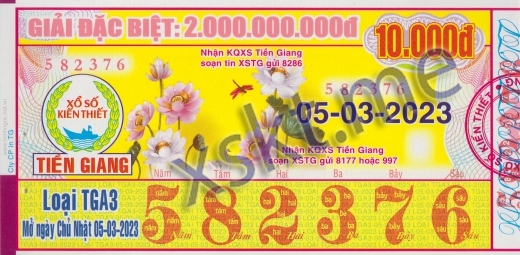 Mẫu vé sô xổ số Tiền Giang ngày 5/3/2023