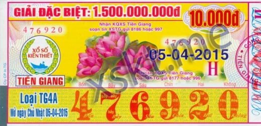 Mẫu vé sô xổ số Tiền Giang ngày 5/4/2015