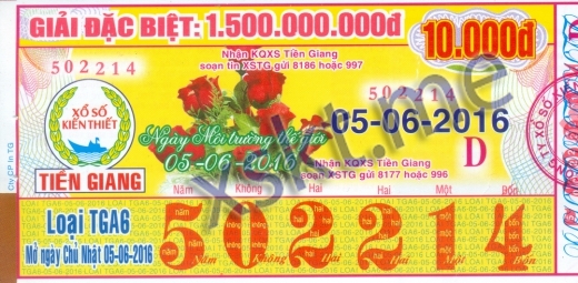 Mẫu vé sô xổ số Tiền Giang ngày 5/6/2016