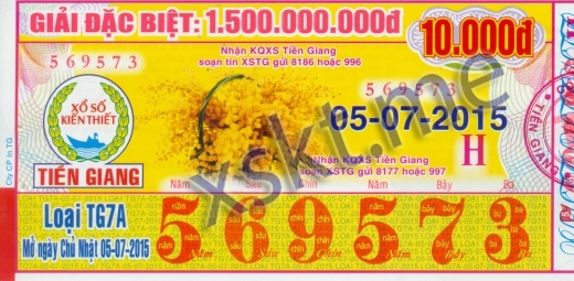 Mẫu vé sô xổ số Tiền Giang ngày 5/7/2015