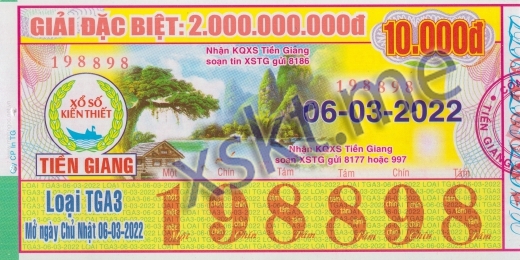 Mẫu vé sô xổ số Tiền Giang ngày 6/3/2022
