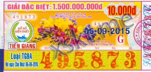 Mẫu vé sô xổ số Tiền Giang ngày 6/9/2015