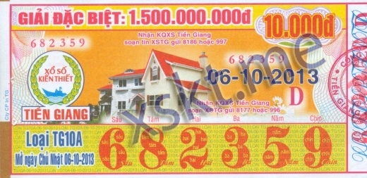 Mẫu vé sô xổ số Tiền Giang ngày 6/10/2013