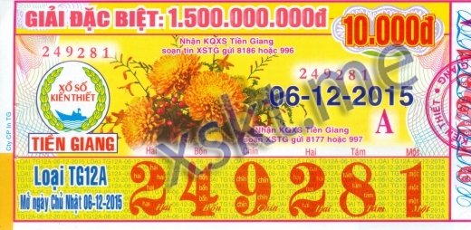 Mẫu vé sô xổ số Tiền Giang ngày 6/12/2015