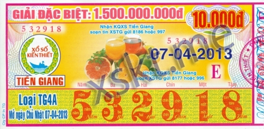 Mẫu vé sô xổ số Tiền Giang ngày 7/4/2013