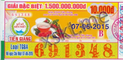 Mẫu vé sô xổ số Tiền Giang ngày 7/6/2015