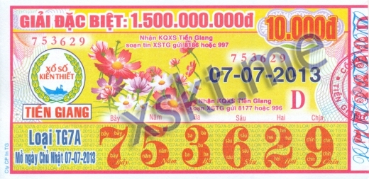 Mẫu vé sô xổ số Tiền Giang ngày 7/7/2013