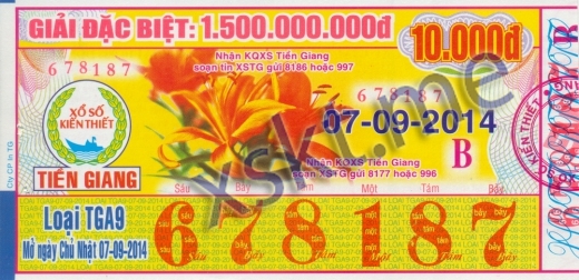 Mẫu vé sô xổ số Tiền Giang ngày 7/9/2014