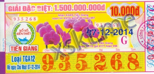 Mẫu vé sô xổ số Tiền Giang ngày 7/12/2014