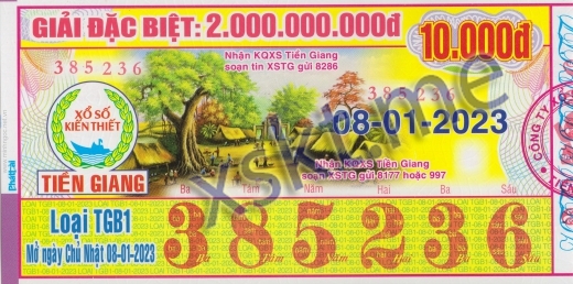 Mẫu vé sô xổ số Tiền Giang ngày 8/1/2023