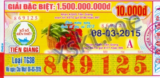 Mẫu vé sô xổ số Tiền Giang ngày 8/3/2015