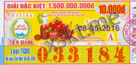 Mẫu vé sô xổ số Tiền Giang ngày 8/5/2016