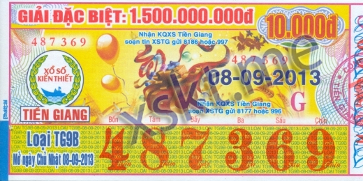 Mẫu vé sô xổ số Tiền Giang ngày 8/9/2013