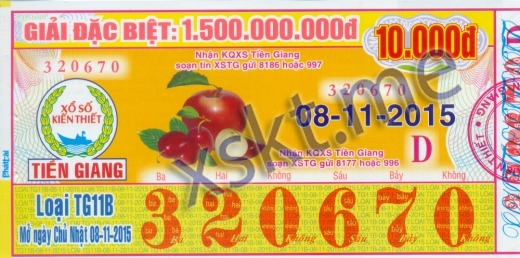 Mẫu vé sô xổ số Tiền Giang ngày 8/11/2015