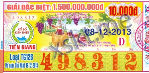 Mẫu vé sô xổ số Tiền Giang ngày 8/12/2013
