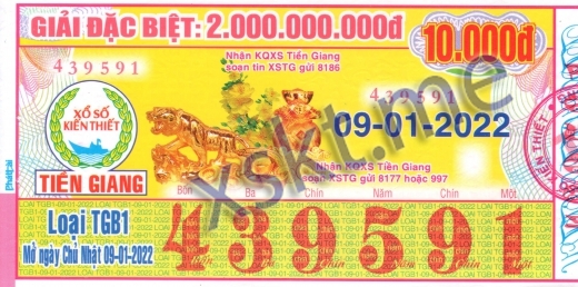 Mẫu vé sô xổ số Tiền Giang ngày 9/1/2022