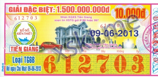 Mẫu vé sô xổ số Tiền Giang ngày 9/6/2013