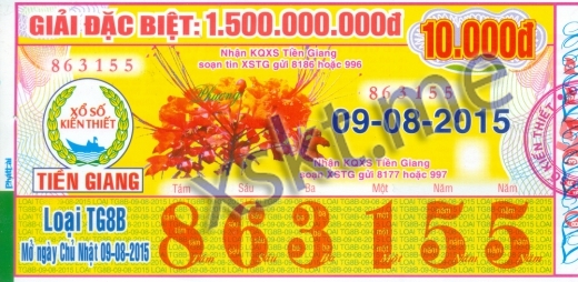Mẫu vé sô xổ số Tiền Giang ngày 9/8/2015
